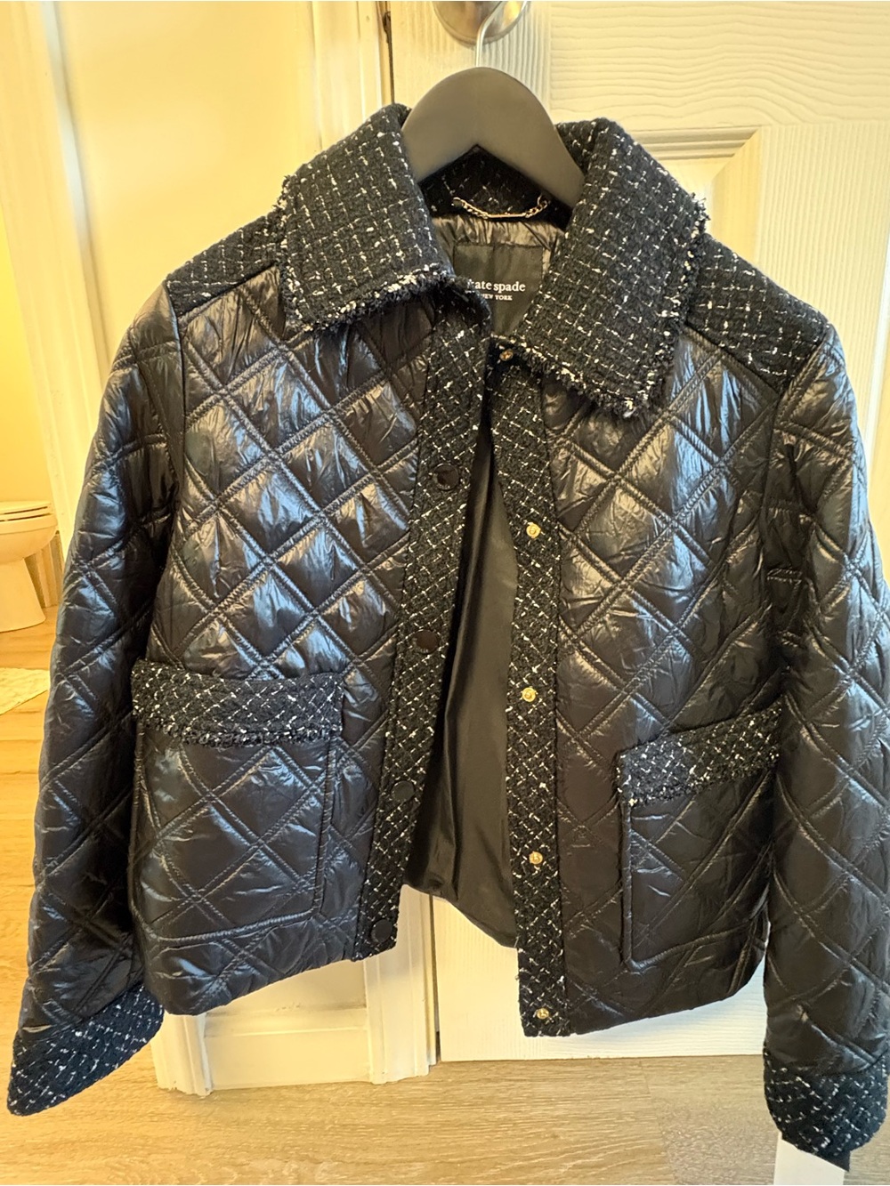 kate spade Quilted Black Puffer Jacket with Tweed Trim